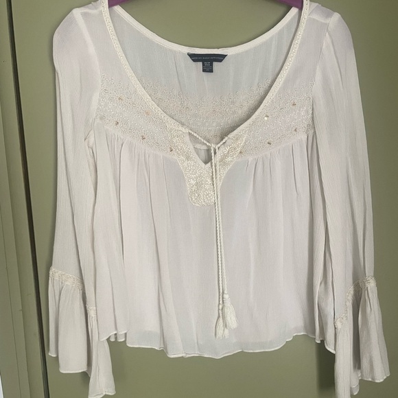 American Eagle Outfitters White Blouse with Tassel Detail and Bell Sleeves - Picture 1 of 7
